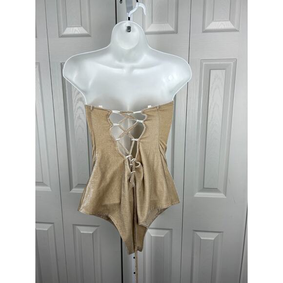 Women Cream Tan Bandeau Back Lace Up Velvet Bodysuit neutral Medium - Picture 2 of 6